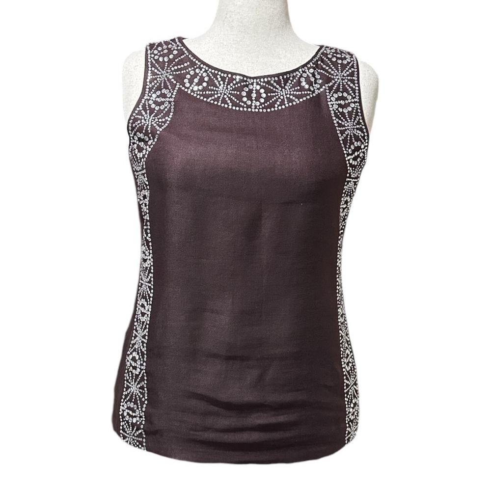 Tory Burch Linen and Crystal Brown Sleeveless Blouse Size 10